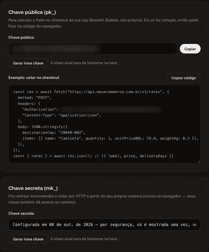 Seções Chave pública e Chave secreta da aba Integrações do painel do meu ecommerce, com o exemplo de código para cotar no checkout