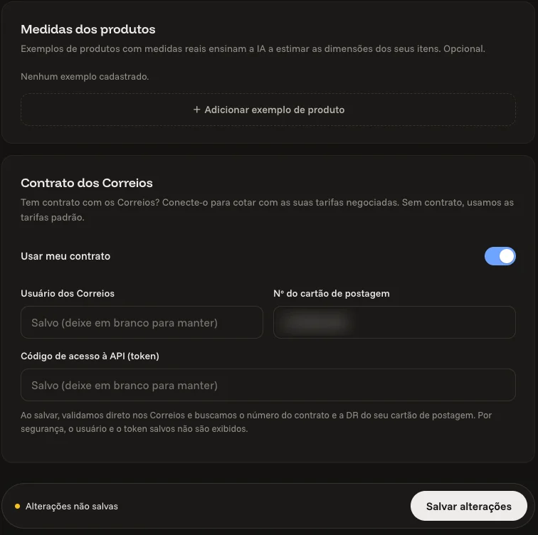 Seções Medidas dos produtos e Contrato dos Correios do painel do meu ecommerce, com o botão Salvar alterações no pé da tela