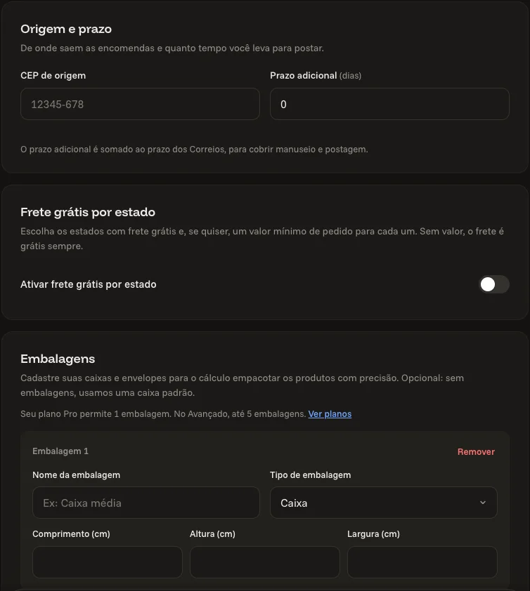 Seções Origem e prazo, Frete grátis por estado e Embalagens do painel do meu ecommerce