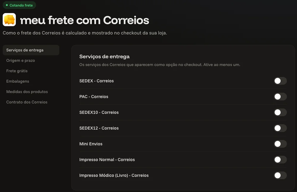 Aba Frete do painel do meu ecommerce, na seção Serviços de entrega, com a chave de cada serviço dos Correios
