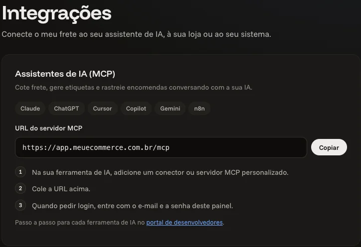 Aba Integrações do painel do meu ecommerce, com a URL do servidor MCP