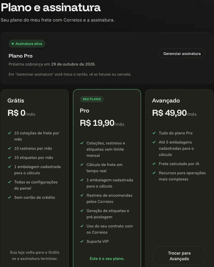 Aba Plano do painel do meu ecommerce, com a assinatura ativa e os planos Grátis, Pro e Avançado