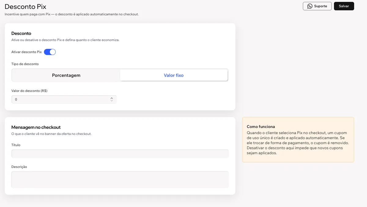 Tela Desconto Pix do painel do meu desconto pix, com as seções Desconto e Mensagem no checkout e o quadro Como funciona