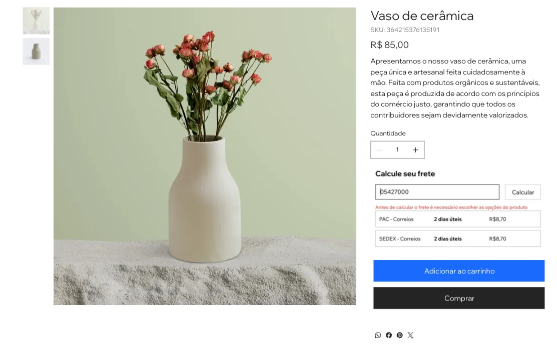Calculadora de frete do meu frete na página de produto de uma loja Wix, com as opções PAC e SEDEX