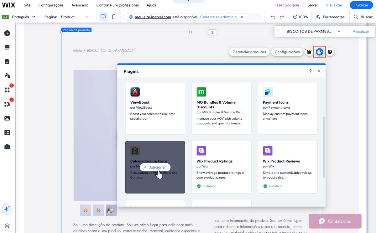 Janela de Plugins do Editor Wix com o botão Adicionar na Calculadora de Frete