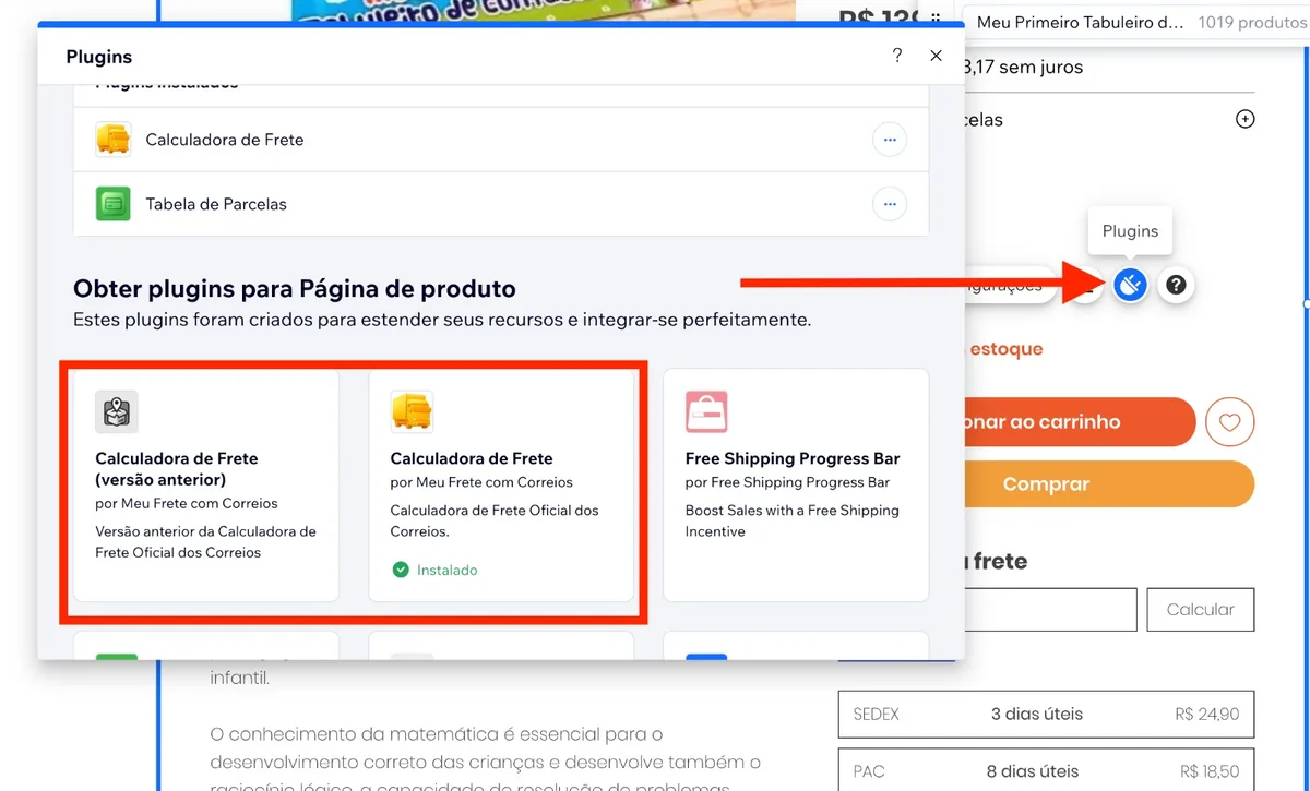 Janela de Plugins da Wix com as duas calculadoras do meu frete: a Calculadora de Frete de ícone amarelo, que deve ser instalada, e a Calculadora de Frete (versão anterior), de ícone preto