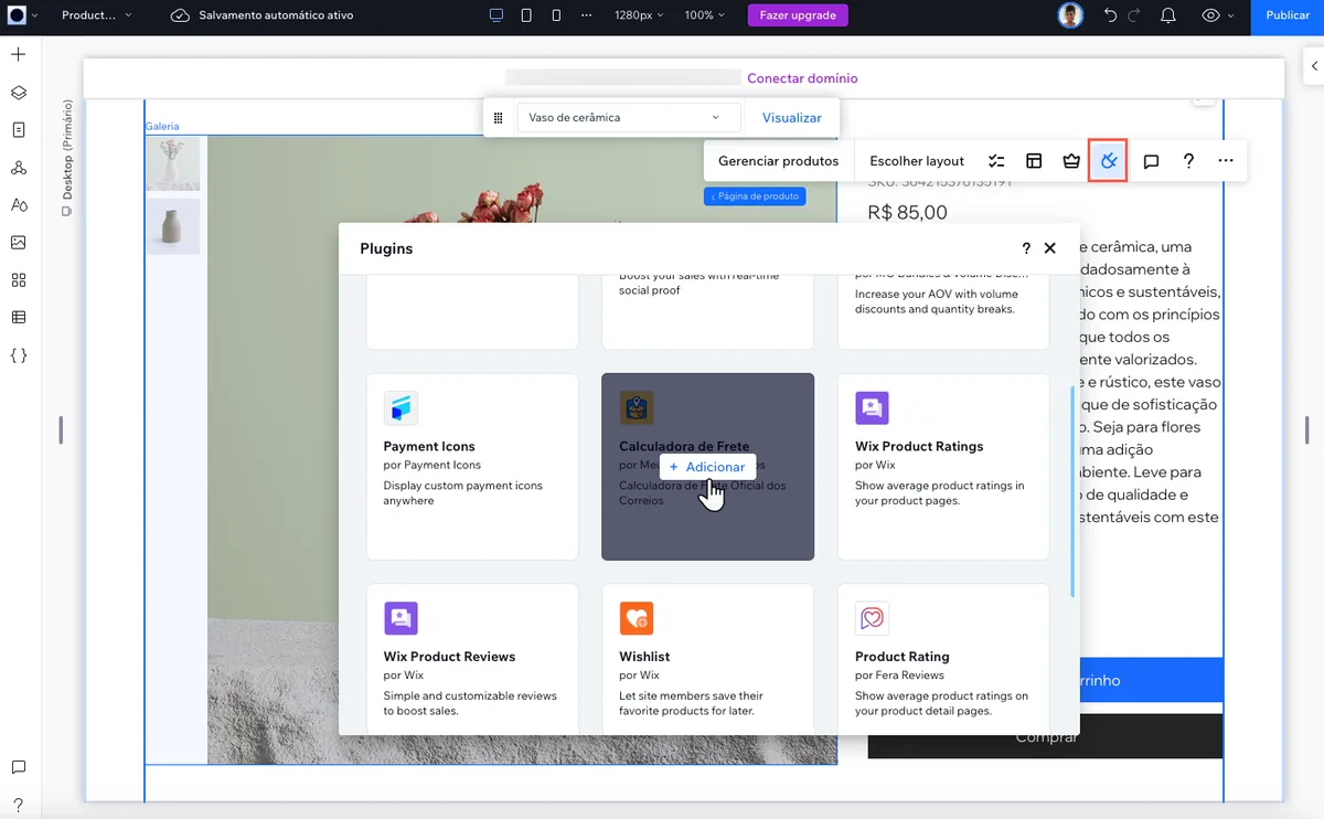 Janela de Plugins do Wix Studio com o botão Adicionar na Calculadora de Frete
