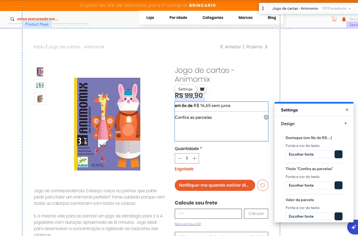 Editor da Wix na página de produto, com a tabela de parcelas selecionada e a caixa Settings aberta na seção Design, com as opções do destaque, do título Confira as parcelas e do valor da parcela