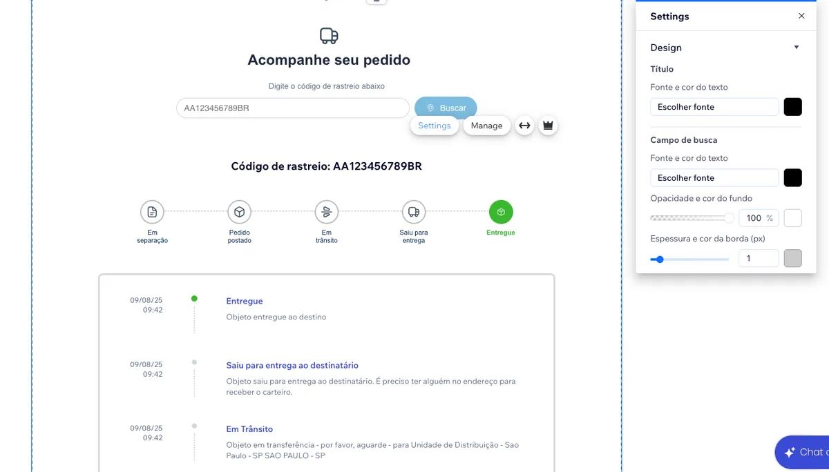 Editor da Wix com a área de rastreio selecionada e a caixa Settings aberta na seção Design, com as opções do Título e do Campo de busca