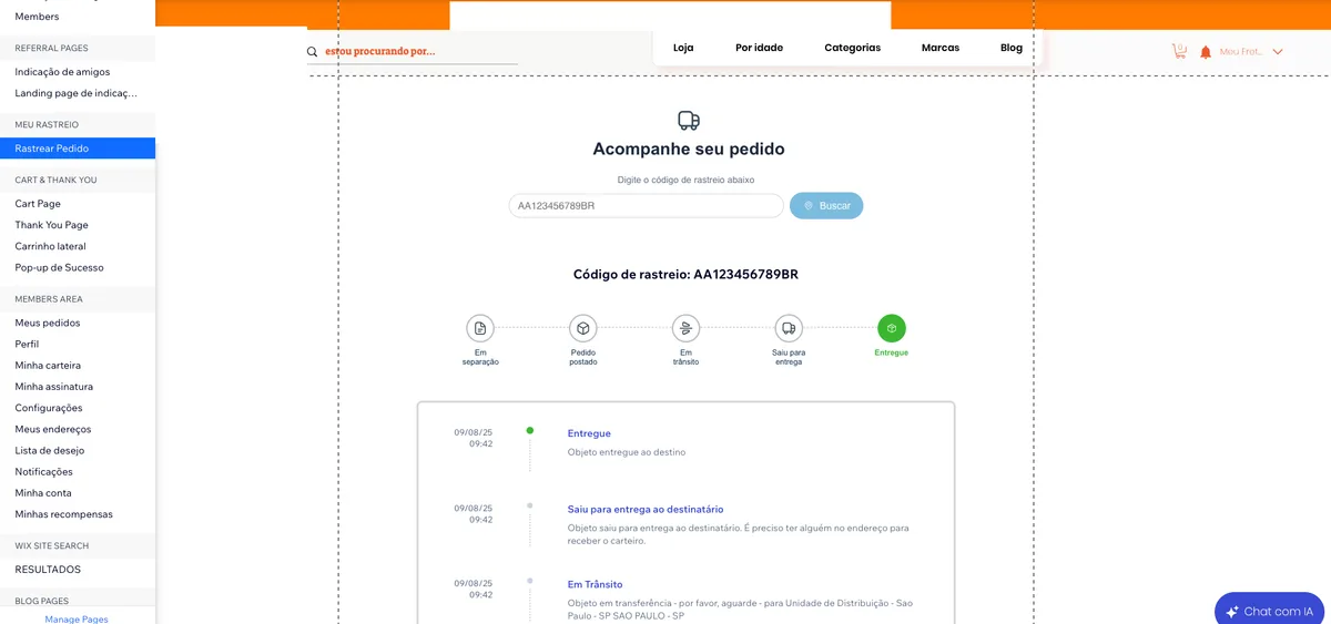 Editor da Wix com a página Rastrear Pedido aberta, na seção MEU RASTREIO do menu de páginas, mostrando o campo do código de rastreio e as etapas do pedido até Entregue