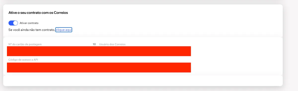 Seção "Ative o seu contrato com os Correios" do painel do meu rastreio, com a chave Ativar contrato ligada e os campos Nº do cartão de postagem, Usuário dos Correios e Código de acesso a API